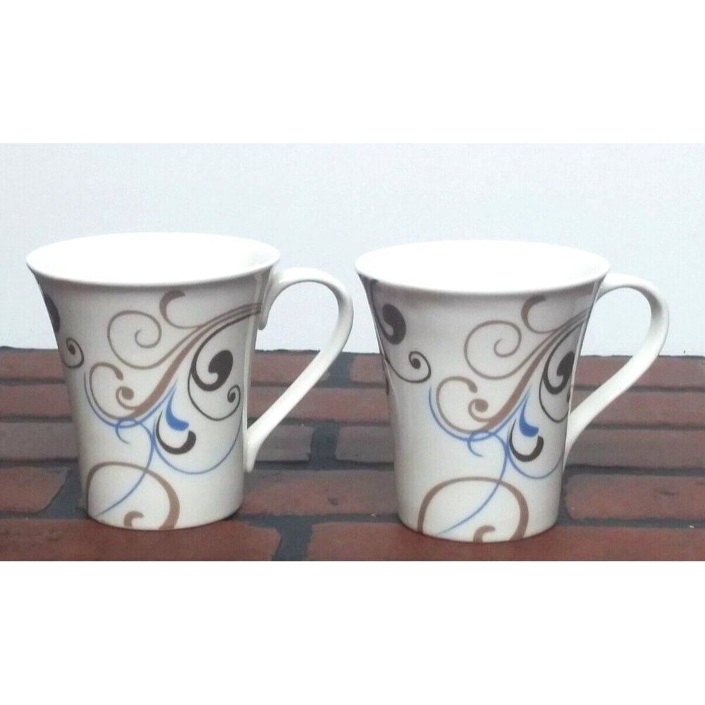 2 Coventry Coffee Mugs Porcelain Fine China CHOCO SCROLL beige blue brown PRETTY